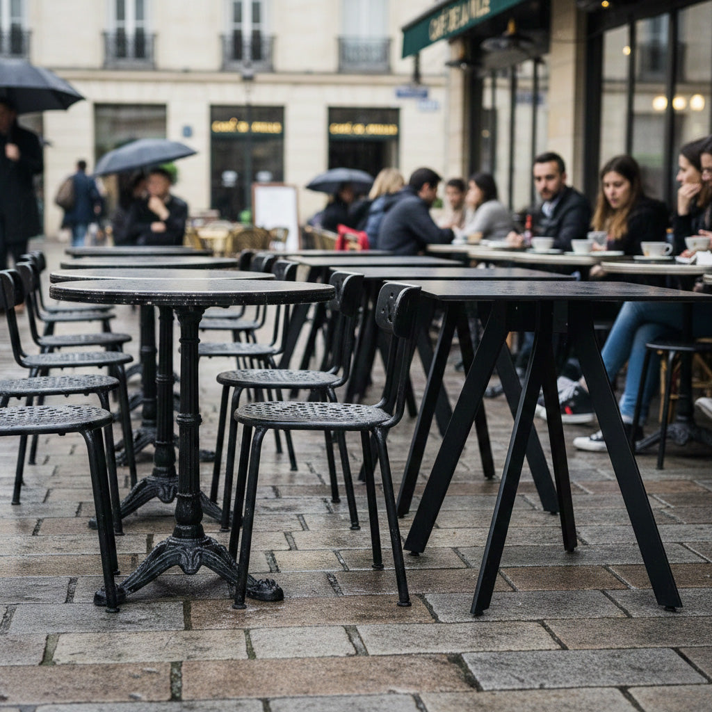terrasse de restaurant avec table de restaurant en aggloméré et pied en fonte 