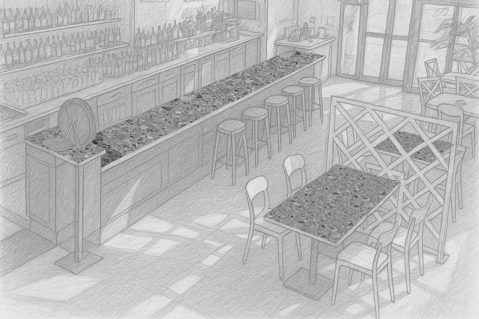 Croquis du projet pour La Coloc à Graulhet, mettant en avant le décor CEPP proposé par RestooTab.