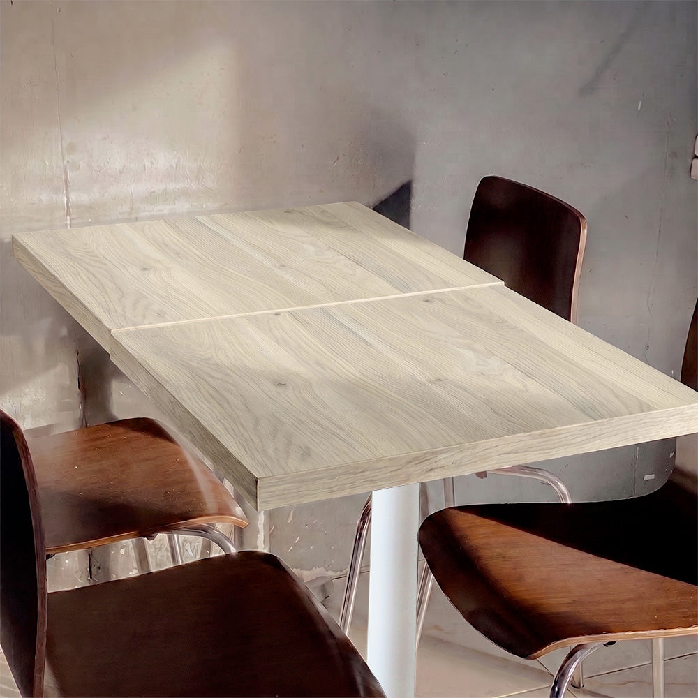 plateau de table sur mesure décor bois pour restaurant bar et bistrot  avec pied de table blanc.